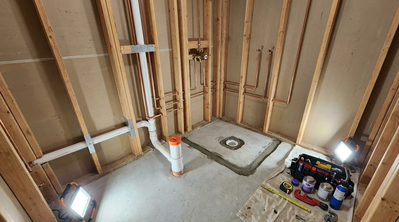Bathroom rough-in plumbing during remodel by Johns Plumbing LLC in Loganville