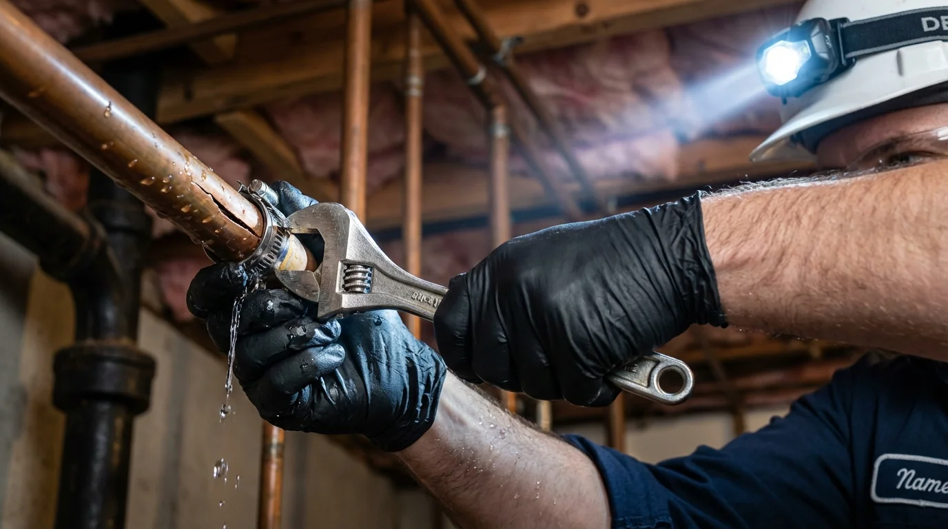 Emergency pipe clamp repair being performed by a Johns Plumbing LLC plumber in Loganville